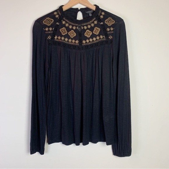 Lucky Brand Black Gold Embroidered Long Sleeve Blouse Size S Women - Picture 2 of 11